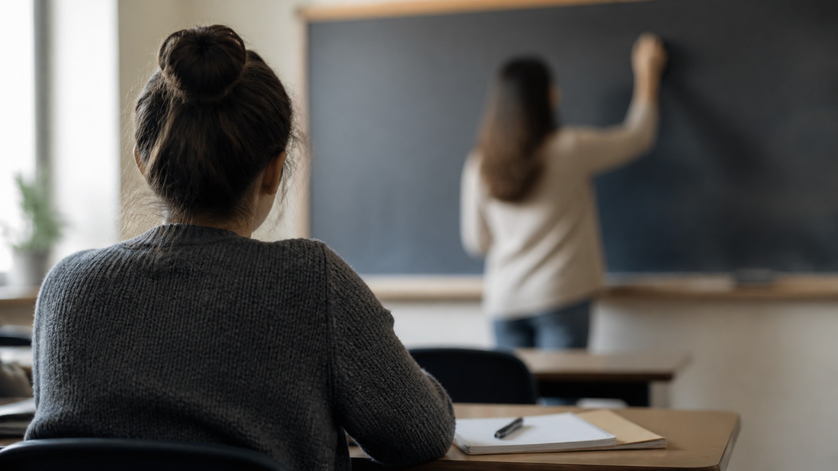 A student seen from behind in the foreground, a teacher teaching at the board in the background.