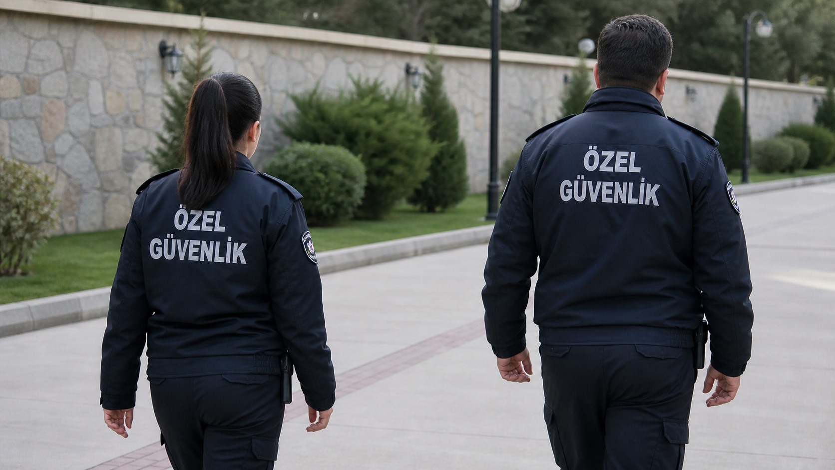 Representative image showing two private security guards walking in a campus-like area.