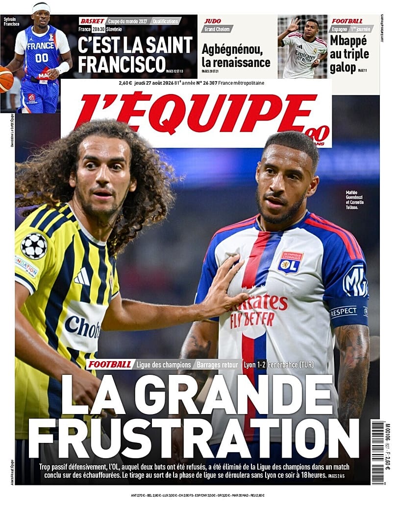 L’Équipe gazetesinin Fenerbahçe-Lyon maçına ilişkin manşetinin yer aldığı kapak görseli.