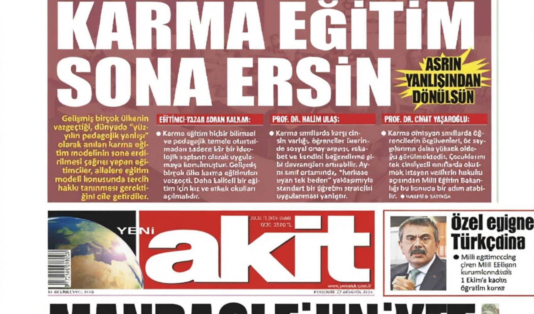 Yeni Akit targets co-education in its headline, calls for single-sex school model