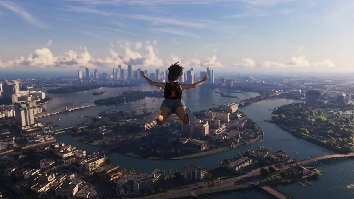 A parachute scene showing the city and coastline in GTA 6.