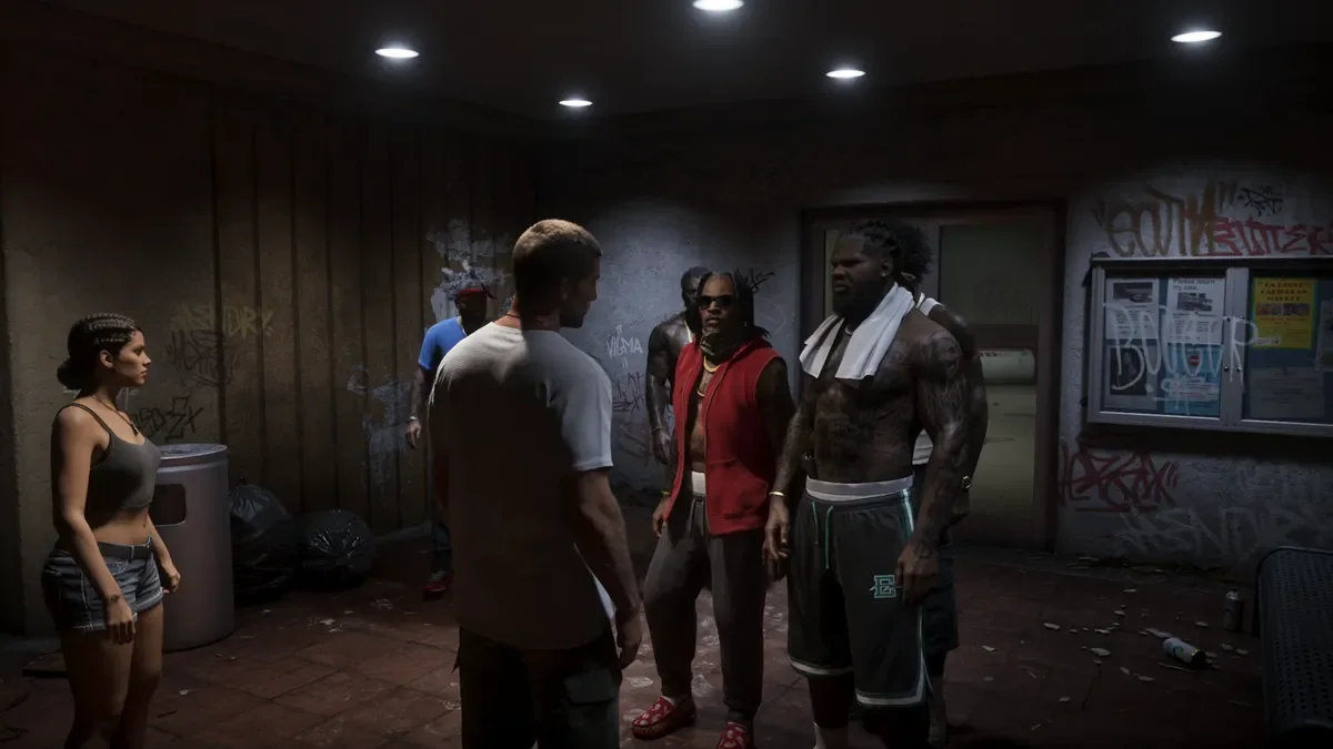 A scene where characters face each other in an indoor area in GTA 6.