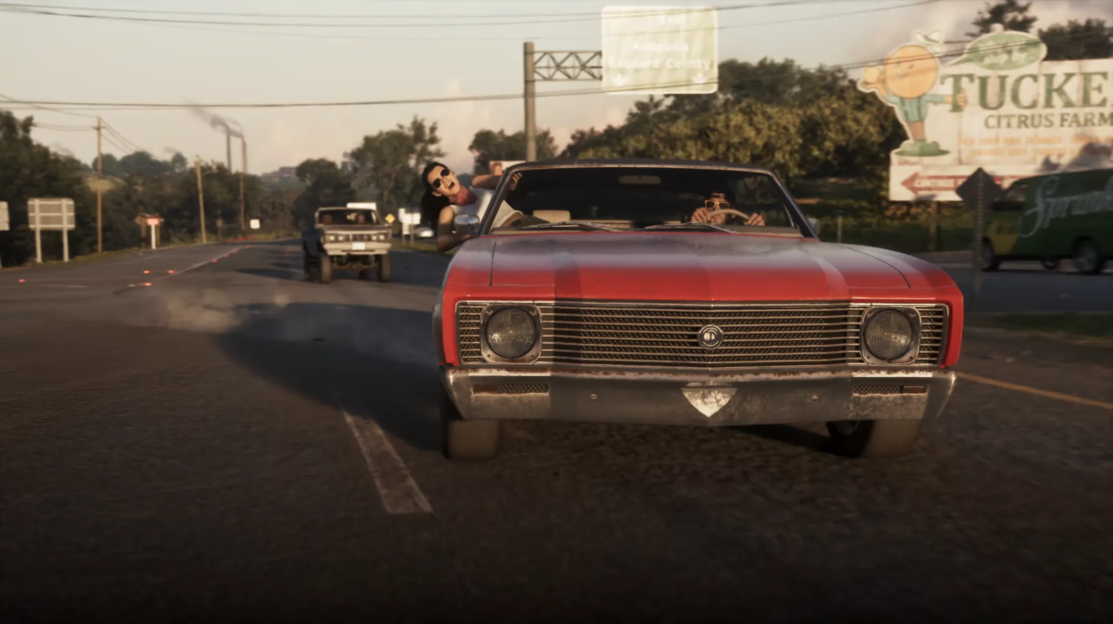 An action scene where a red convertible car moves along the road in GTA 6.