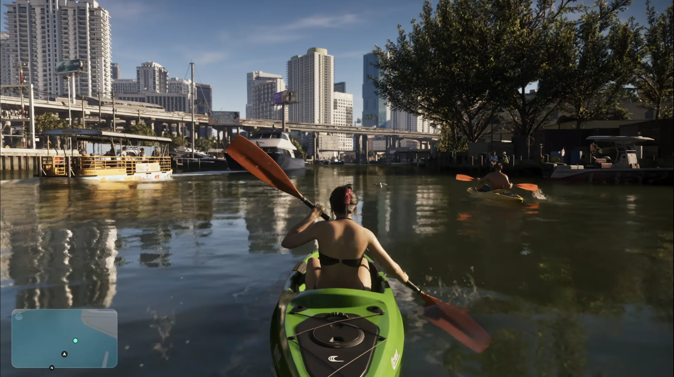 In-game footage showing characters canoeing in a canal in GTA 6.