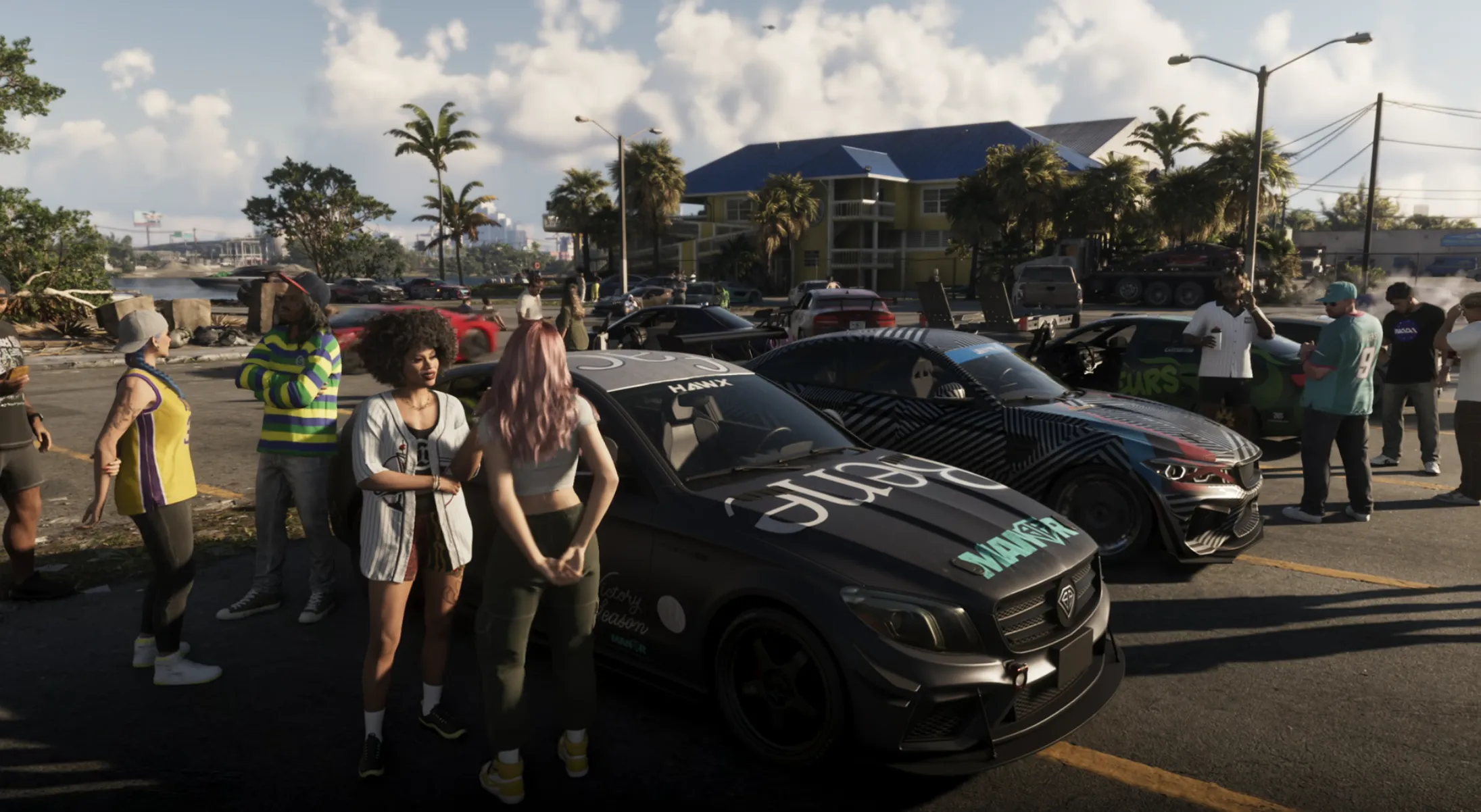 Footage featuring modified vehicles and a crowded street scene in GTA 6.