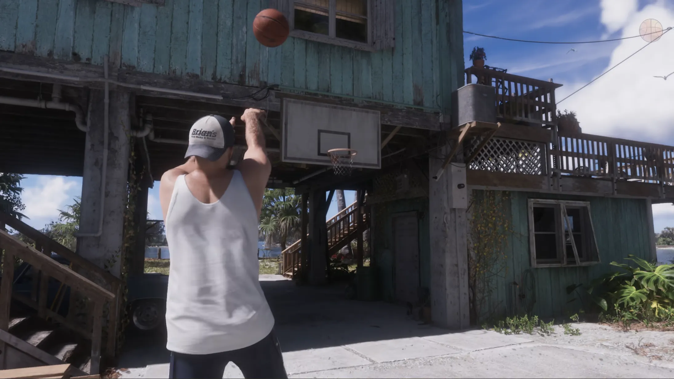 A scene where a character takes a basketball shot in an open area in GTA 6.