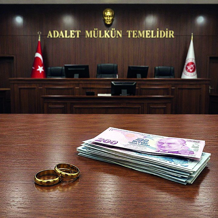 Mahkeme salonunda masa üzerinde alyanslar ve Türk lirası banknotlar.