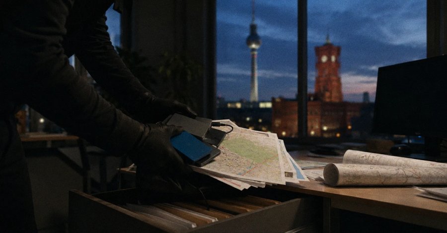 Berlin silüeti önünde masa üzerinde evraklar ve dijital cihazların görüldüğü temsili siber saldırı görseli.