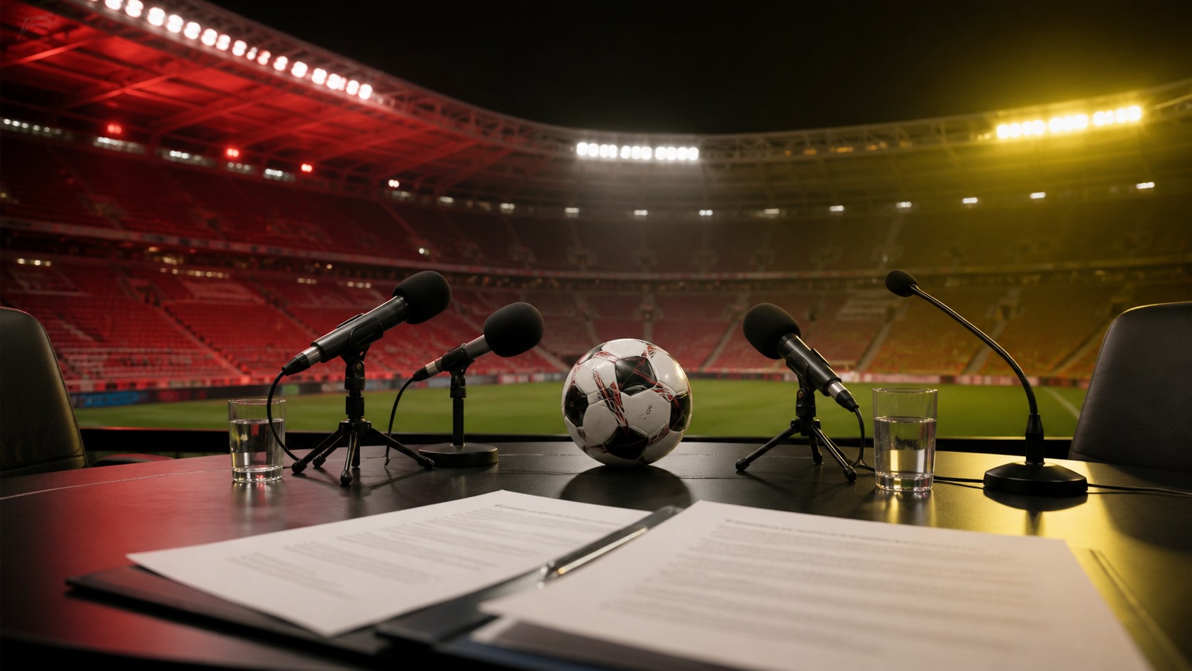 Futbol transfer gündemini anlatan, stadyum içindeki basın masası ve mikrofonlardan oluşan temsili görsel.