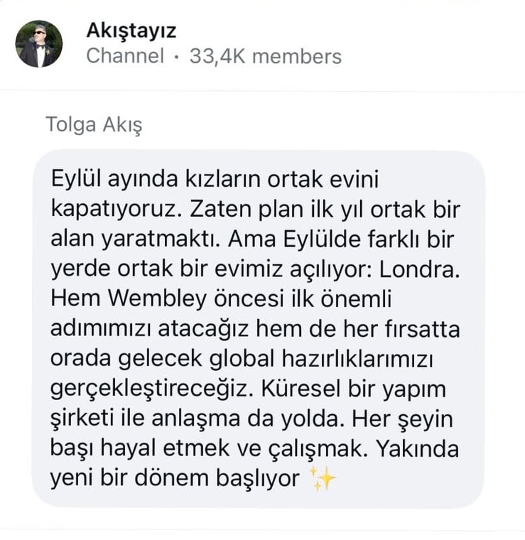 Tolga Akış’ın Manifest’in eylülde Londra’da ortak ev açacağını duyurduğu sosyal medya paylaşımının ekran görüntüsü.