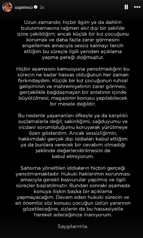 Özge Özpirinçci’nin sosyal medya hesabında yayımladığı yazılı açıklamanın ekran görüntüsü.