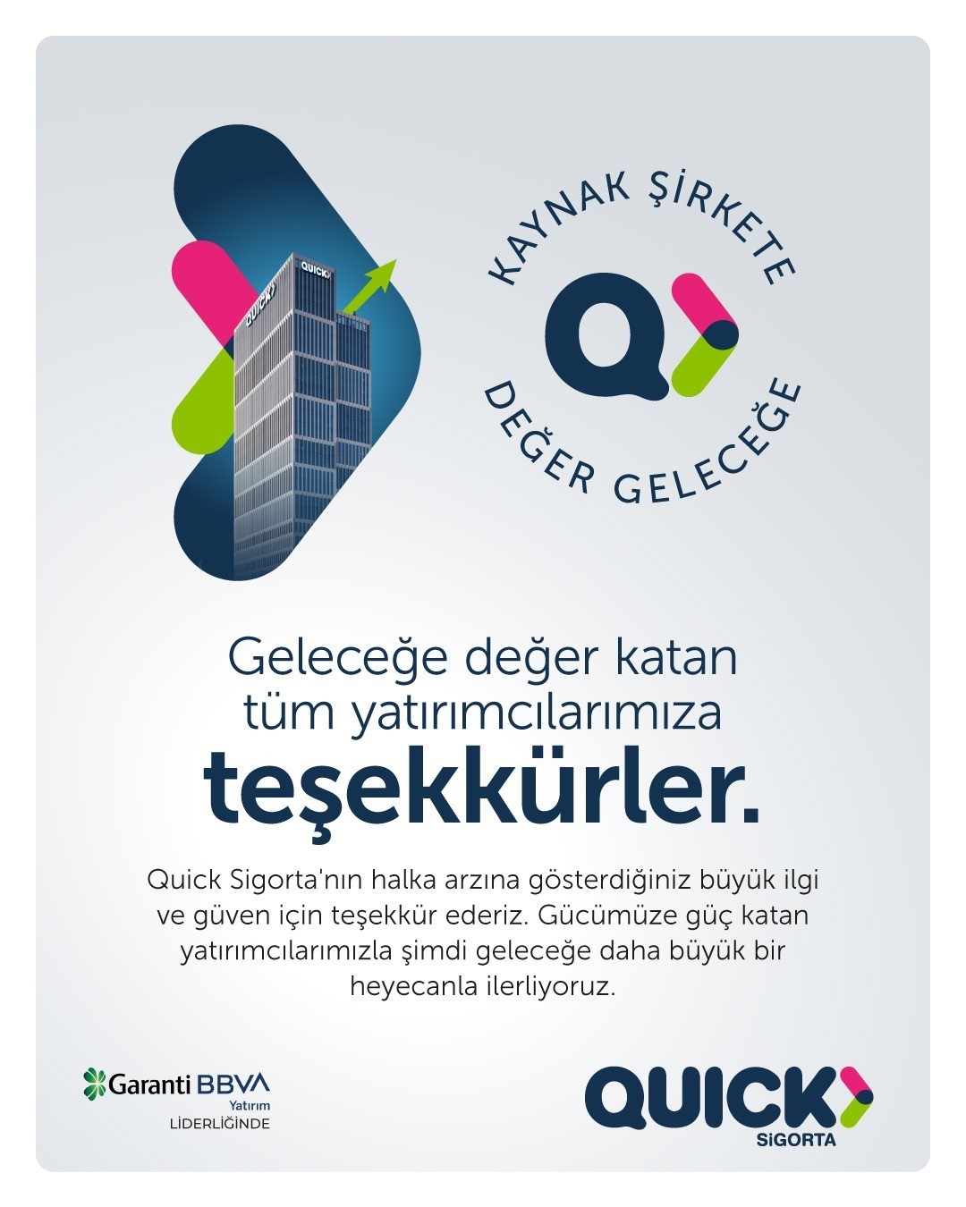 Quick Sigorta’nın halka arz sürecine ilişkin teşekkür görseli.