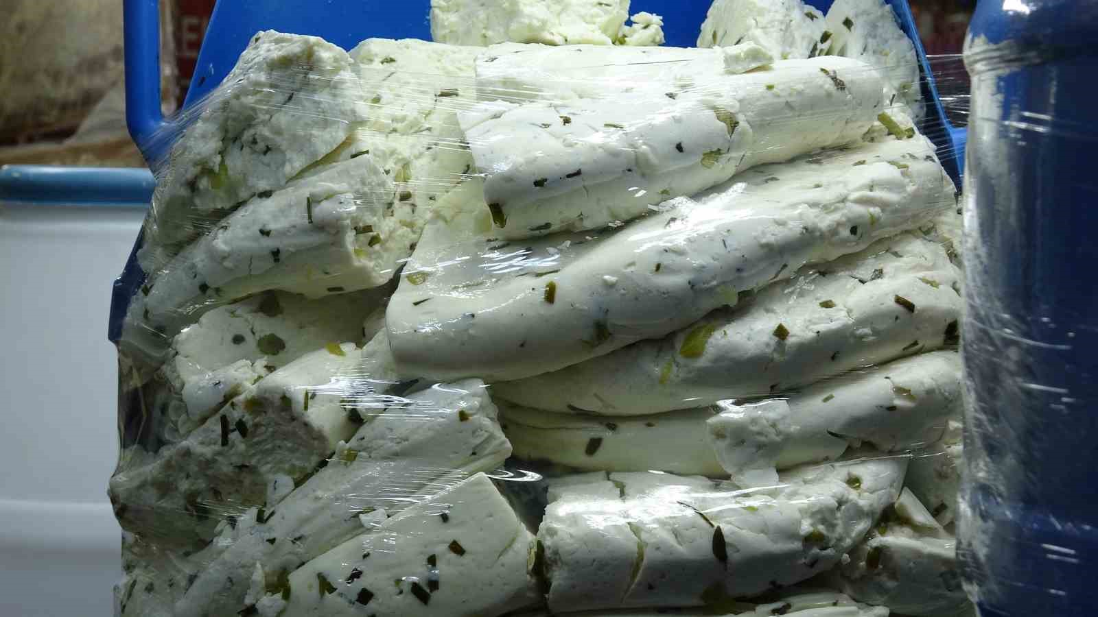 Ot parçaları görülen Van otlu peynirlerinin yakın plan görüntüsü.