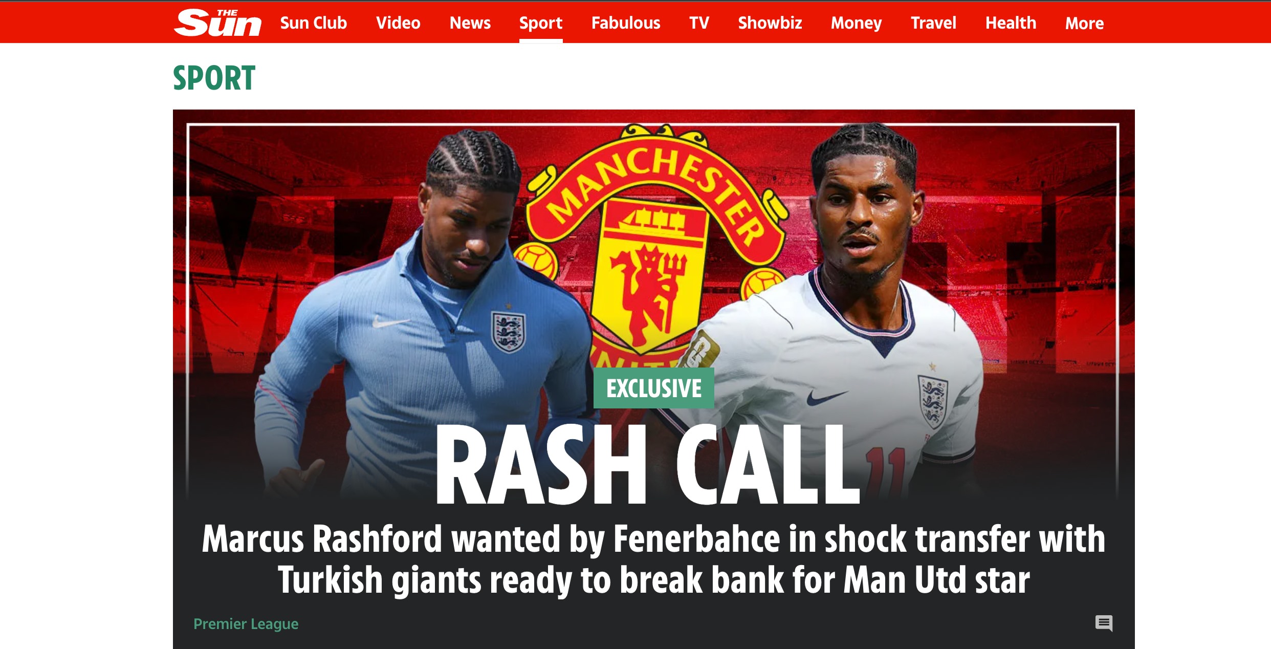 The Sun internet sitesinde Marcus Rashford ve Fenerbahçe transfer iddiasını gösteren haber görseli.