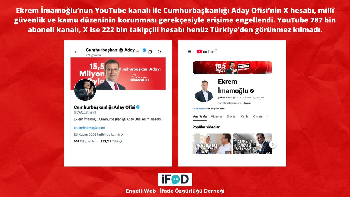 EngelliWeb’in 16 Temmuz tarihli paylaşımında YouTube kanalı ve X hesabına ilişkin erişim engeli bilgisinin yer aldığı görsel.