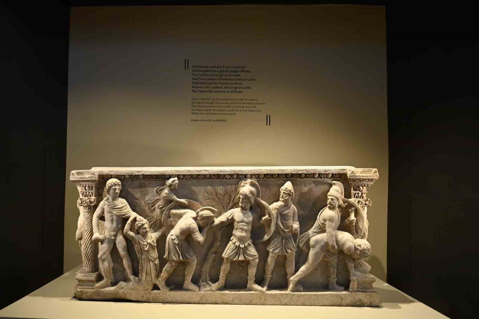 An ancient relief artifact featured in the Troy and Rome exhibition.