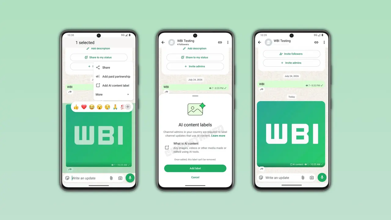 Three phone interfaces showing the AI content label addition option on WhatsApp channel screens.