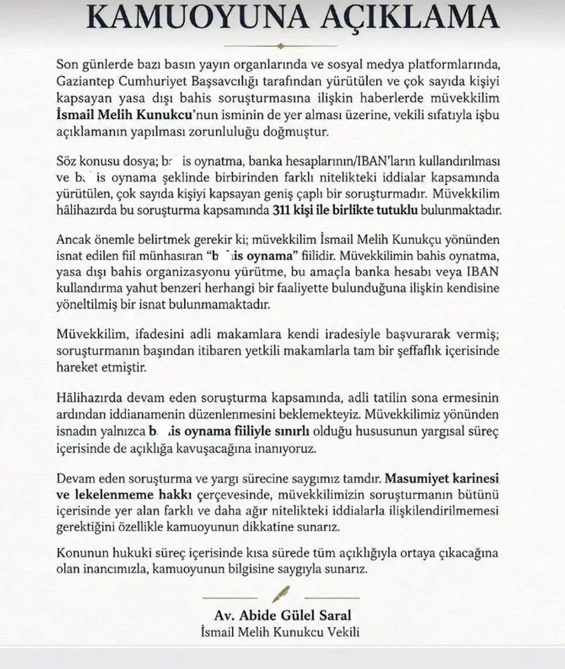 Dichiarazione pubblica scritta rilasciata dall'avvocato di Melih Kunukçu.