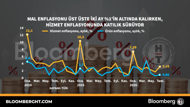 Mal enflasyonu ile hizmet enflasyonunun aylık seyrini gösteren grafik.