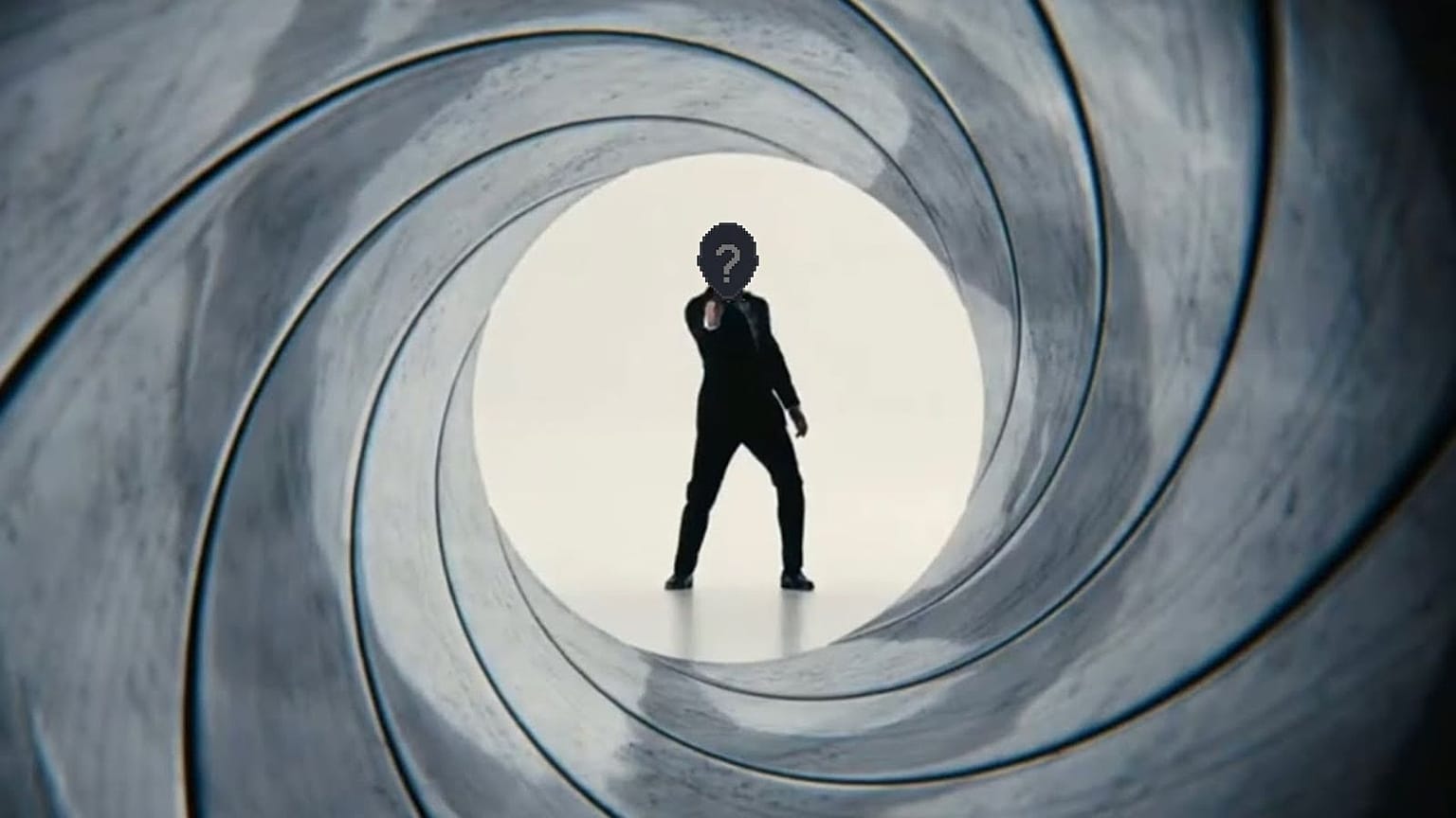 James Bond tarzı dairesel kadraj içinde yüzü soru işaretiyle gizlenmiş silüet.