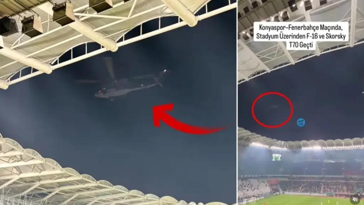 Konyaspor-Fenerbahçe maçı sırasında stadyumun üzerinden geçtiği belirtilen hava araçlarına ilişkin görüntü kolajı.