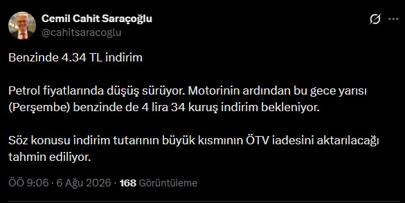Sosyal medya ekran görüntüsünde benzinde 4,34 TL indirim beklendiğine ilişkin paylaşım yer alıyor.
