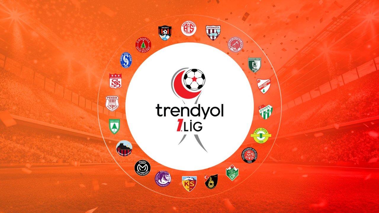 Trendyol 1. Lig logosu ve kulüp armalarının yer aldığı turuncu temalı tanıtım görseli.