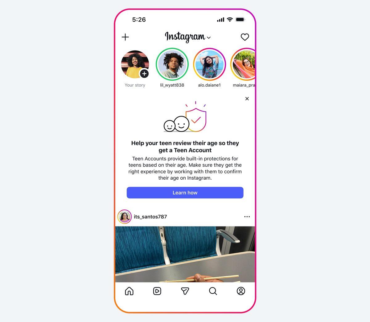 Instagram arayüzünde genç kullanıcı hesabı ve güvenlik bilgilendirmesi görülen telefon ekranı.