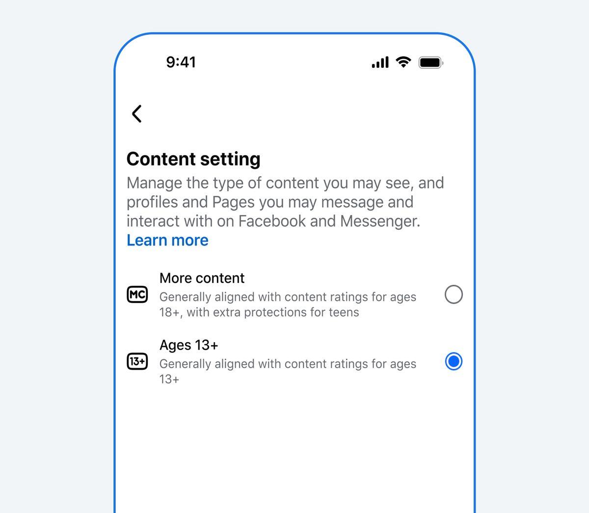 Facebook ve Messenger için içerik ayarları ekranını gösteren telefon arayüzü.