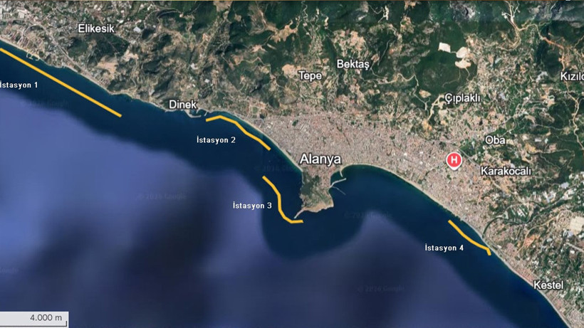 Alanya kıyılarındaki ölçüm istasyonlarını gösteren harita görüntüsü.