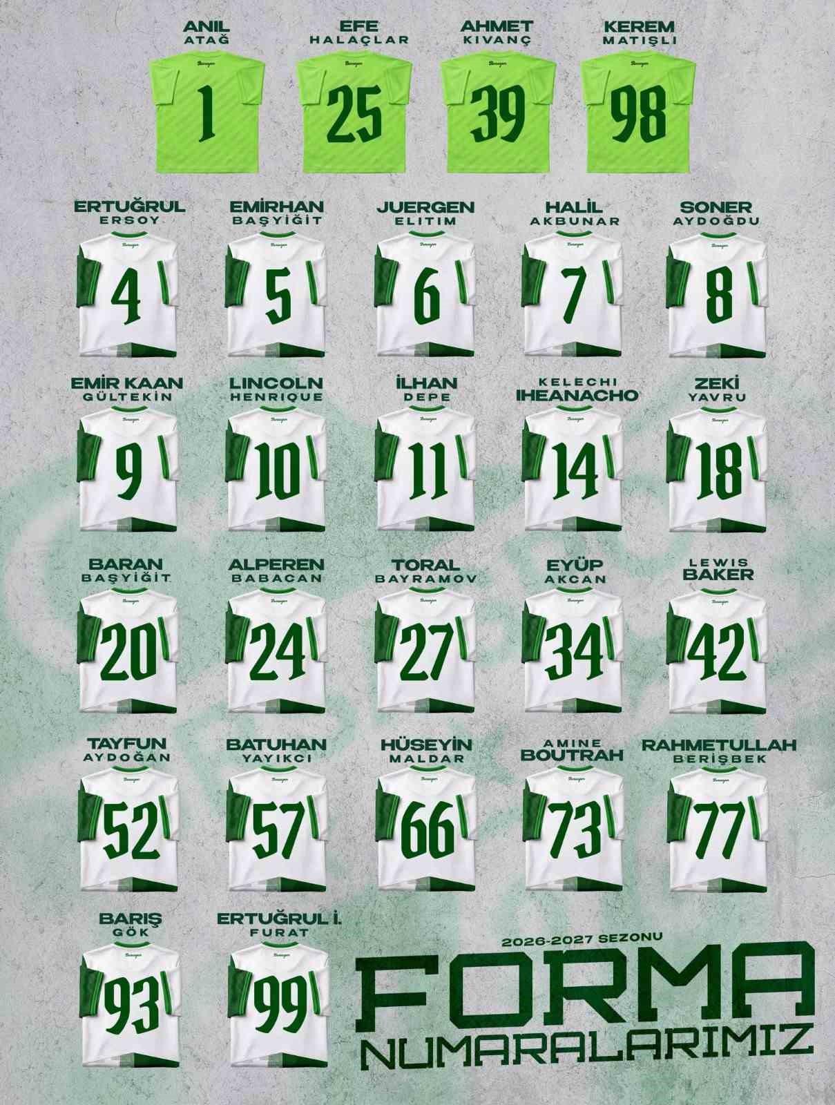 Bursaspor futbolcularının 2026-2027 sezonunda giyeceği forma numaralarını gösteren kulüp paylaşımı.
