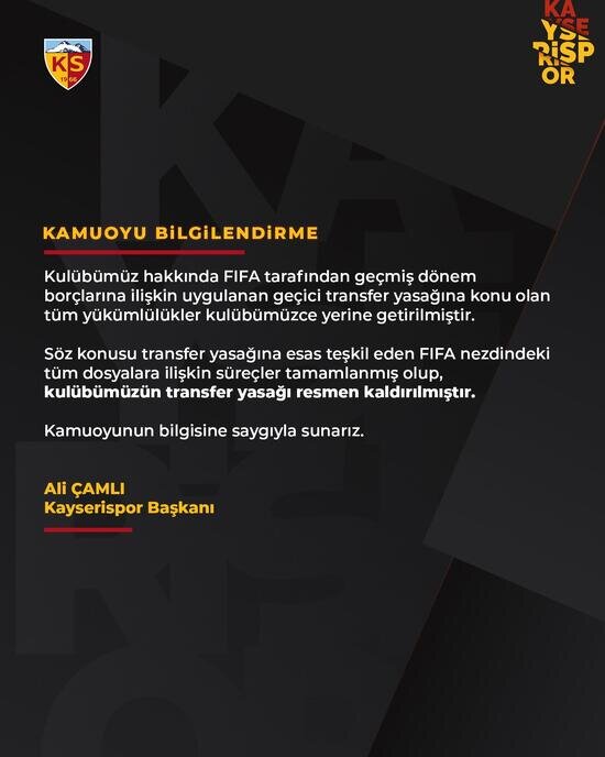 Kayserispor Kulübü tarafından transfer yasağına ilişkin yayımlanan kamuoyu bilgilendirmesi.