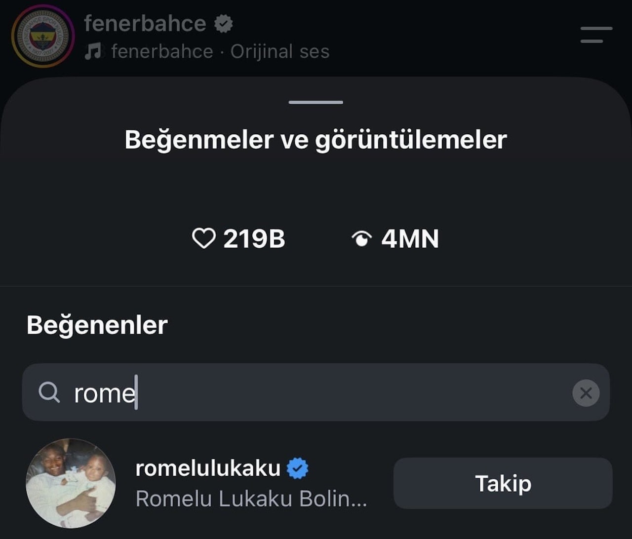 Fenerbahçe paylaşımının beğenileri arasında Romelu Lukaku hesabının göründüğü sosyal medya ekran görüntüsü.