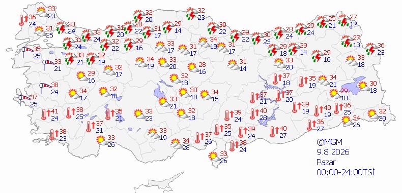 9 Ağustos 2026 tarihli Meteoroloji Genel Müdürlüğü hava durumu tahmin haritası