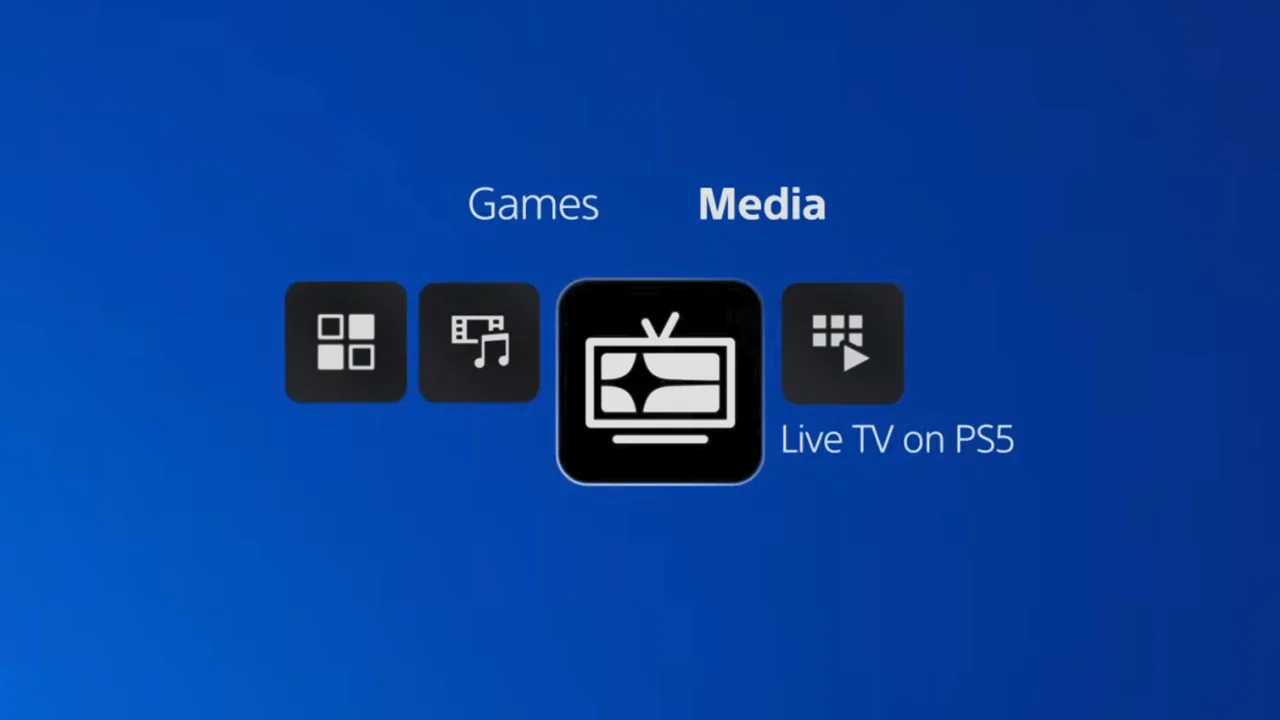 PlayStation 5 arayüzünde Medya sekmesi altında Live TV on PS5 simgesi görülüyor.