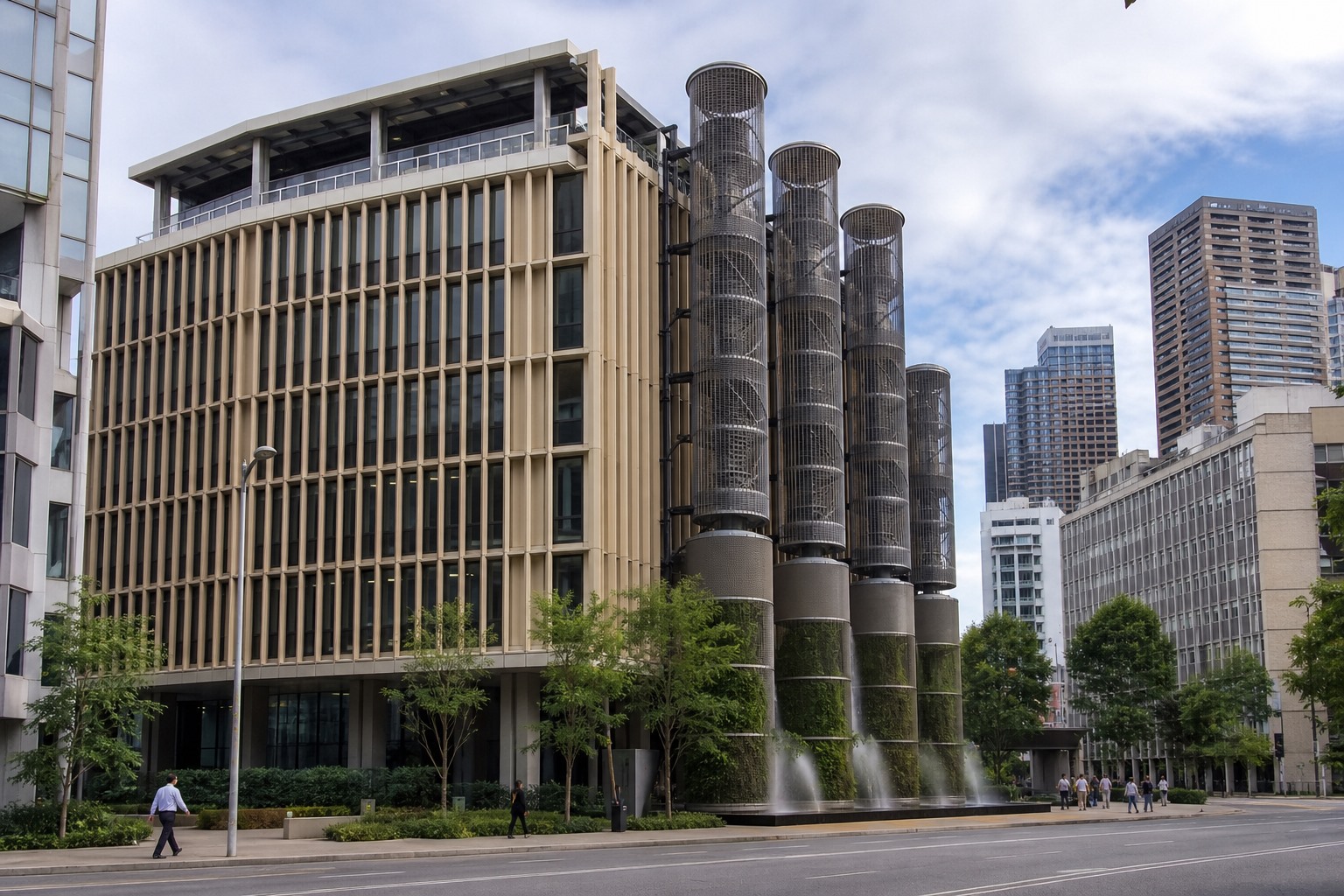 Vertical shading elements and cooling towers seen on the facade of a modern public building in the city.