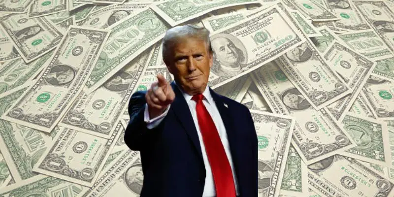 News graphic prepared with Donald Trump and dollar banknotes