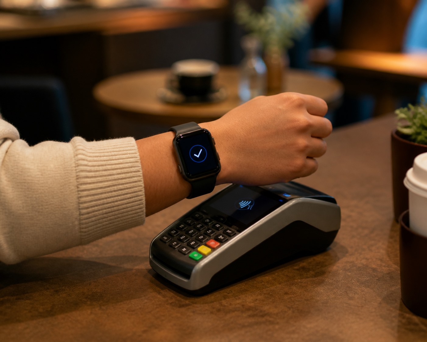Imagen de un reloj inteligente acercándose a un terminal POS para un pago sin contacto en una cafetería.