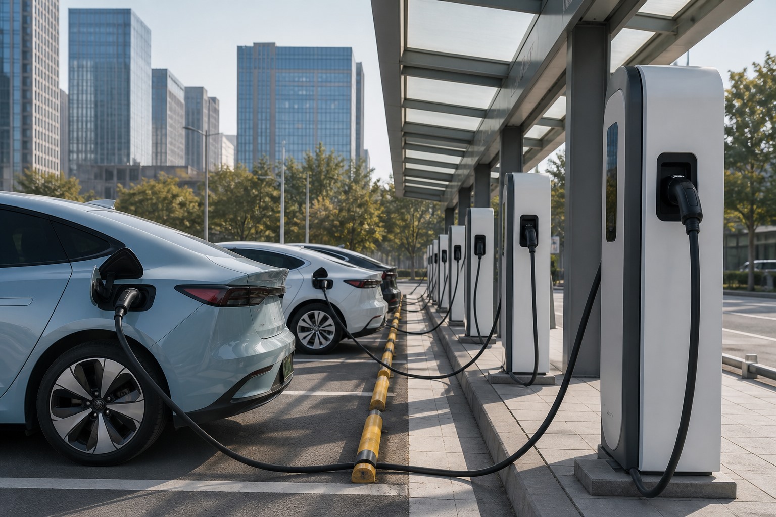 Modern bir şehirde şarj istasyonuna bağlı elektrikli araçları gösteren temsili görsel.