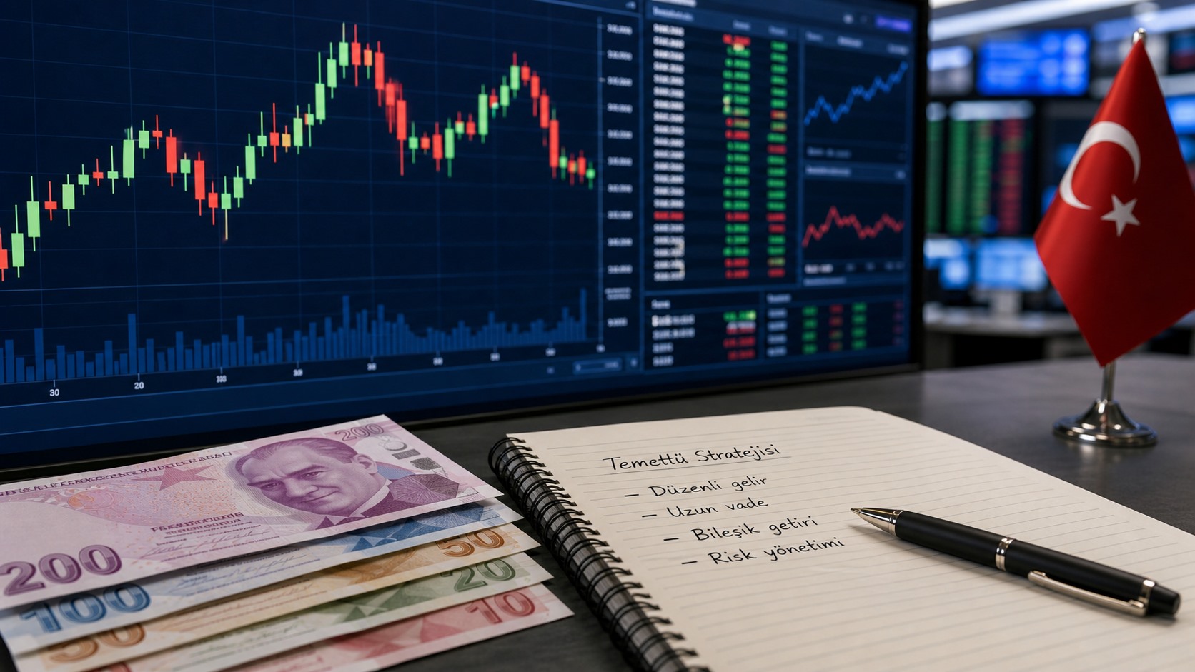 Borsa ekranları ve Türk lirası banknotlarıyla temettü ödemelerini anlatan sembolik finans görseli.