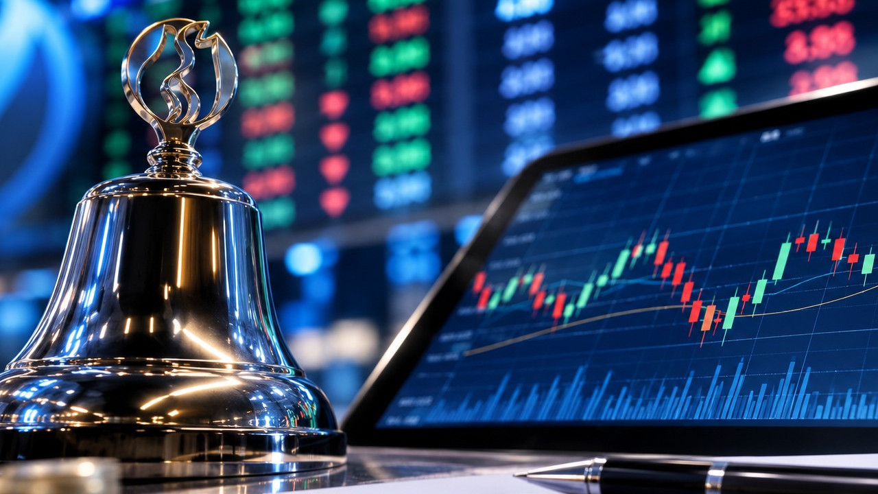 Borsa zili, grafik ekranı ve piyasa verilerini gösteren finans görseli.