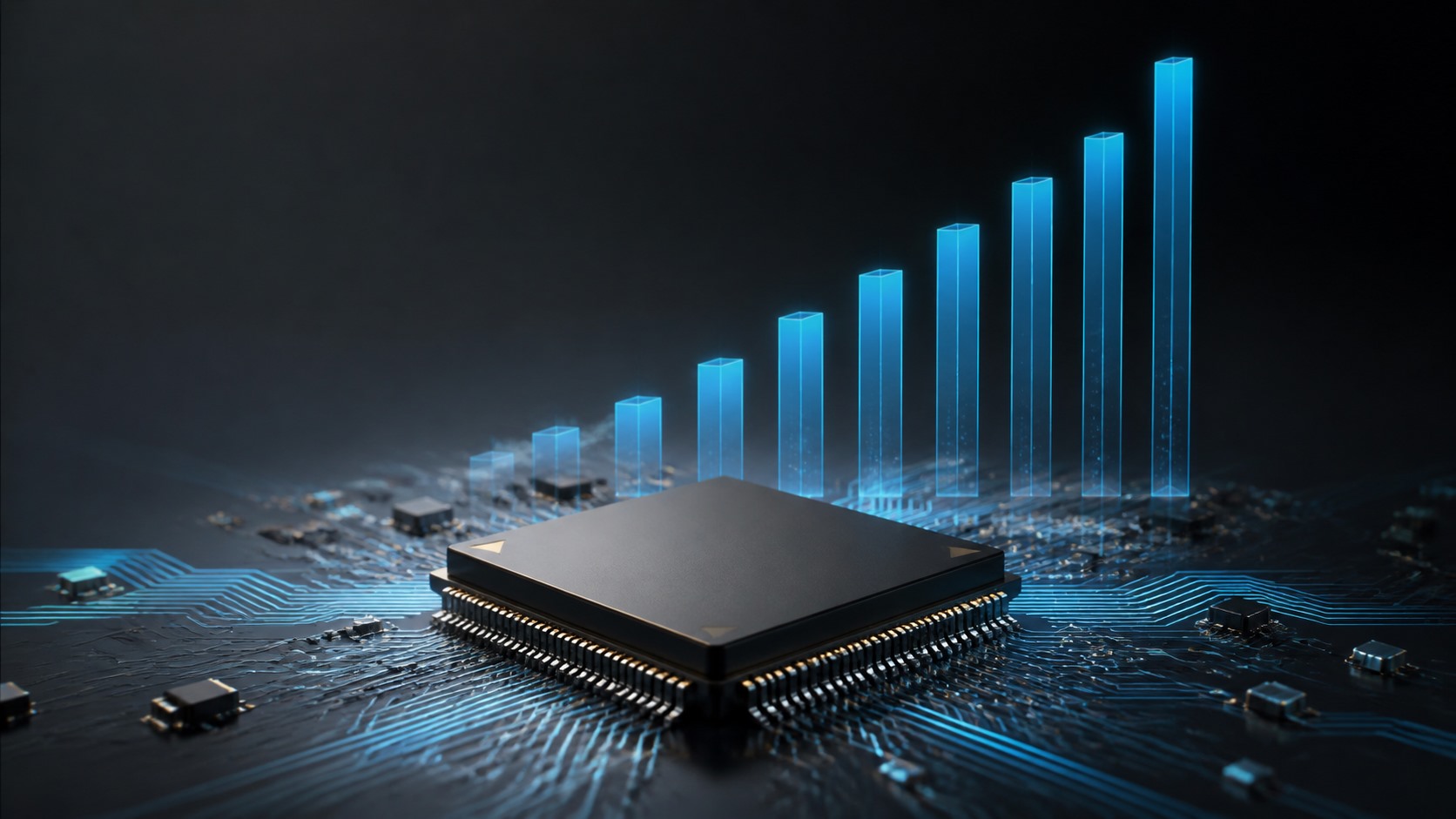 Immagine tecnologica editoriale che simboleggia le prestazioni dei processori mobili, contenente circuiti e grafici a barre.