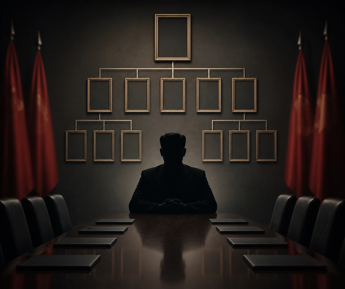 Editorial illustration symbolizing succession debates in North Korea, containing no real faces.