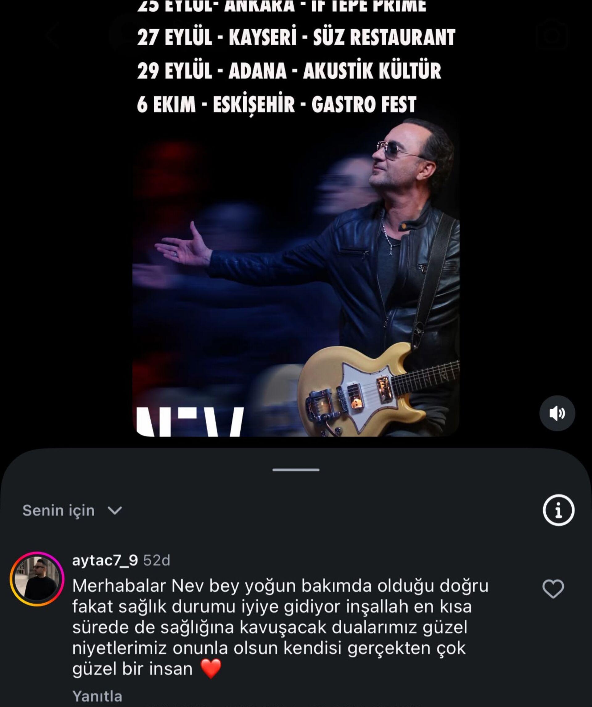 La déclaration d'Aytaç Budak sur l'état de santé de Nev figure dans sa publication Instagram.