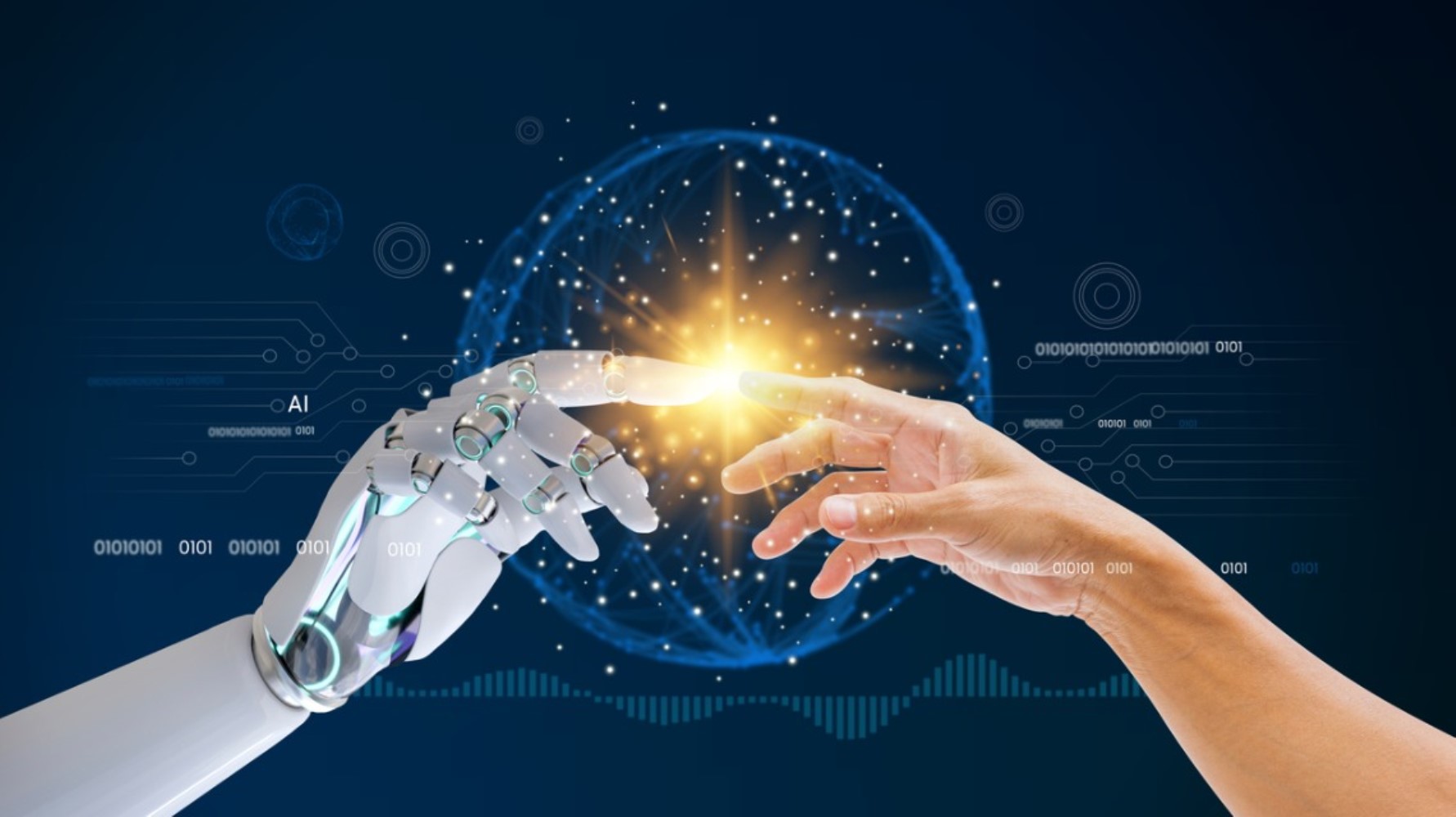 Immagine a tema intelligenza artificiale in cui una mano robotica e una mano umana si toccano su uno sfondo digitale.