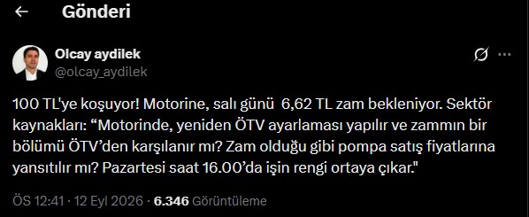 Olcay Aydilek’s social media post stating that a 6.62 TL hike is expected for diesel on Tuesday.