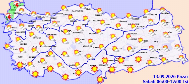Türkiye genelinde 13 Eylül Pazar sabah 06.00-12.00 saatleri arasına ilişkin hava durumu haritası.