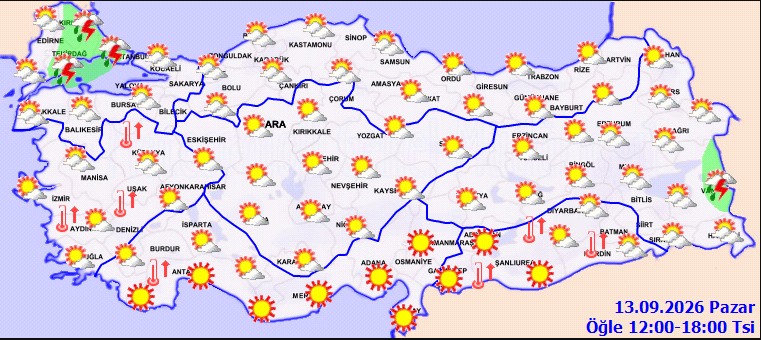 Türkiye genelinde 13 Eylül Pazar 12.00-18.00 saatleri arasına ilişkin hava durumu haritası.