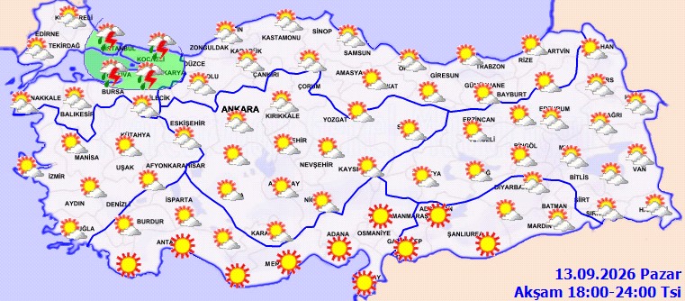 Türkiye genelinde 13 Eylül Pazar 18.00-24.00 saatleri arasına ilişkin hava durumu haritası.