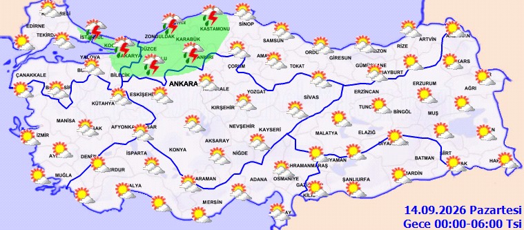 Türkiye genelinde 14 Eylül Pazartesi 00.00-06.00 saatleri arasına ilişkin hava durumu haritası.